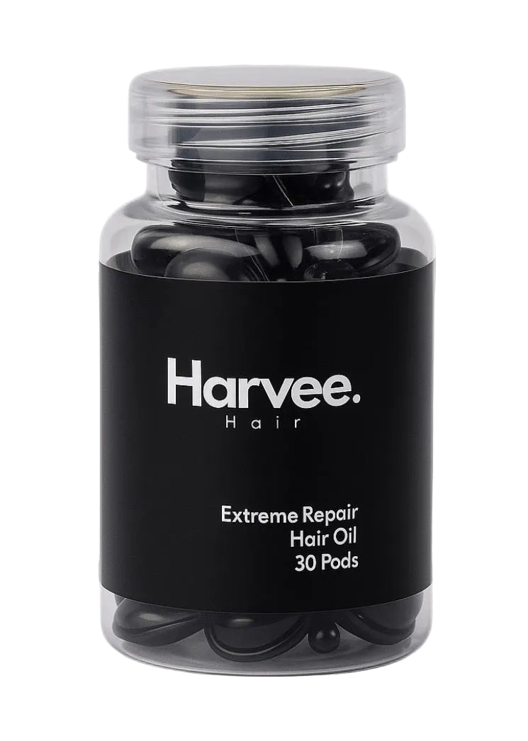 Jar of Harvee Hair Extreme Repair Hair Oil with 30 pods on a white background