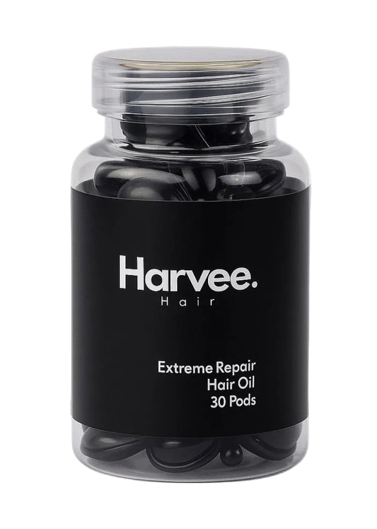 Jar of Harvee Hair Extreme Repair Hair Oil with 30 pods on a white background