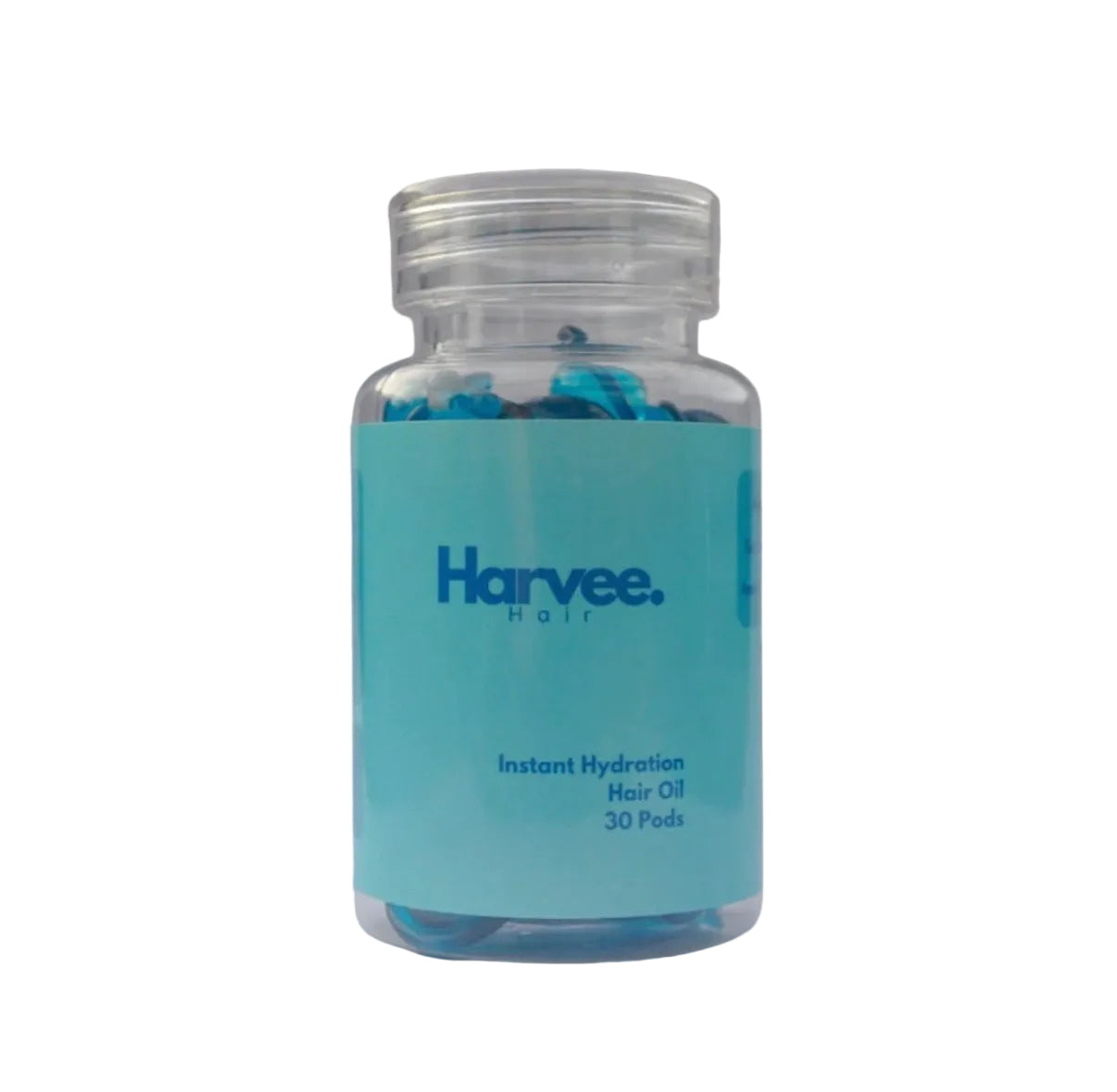 Bottle of Harvee hair oil with a blue label on a white background