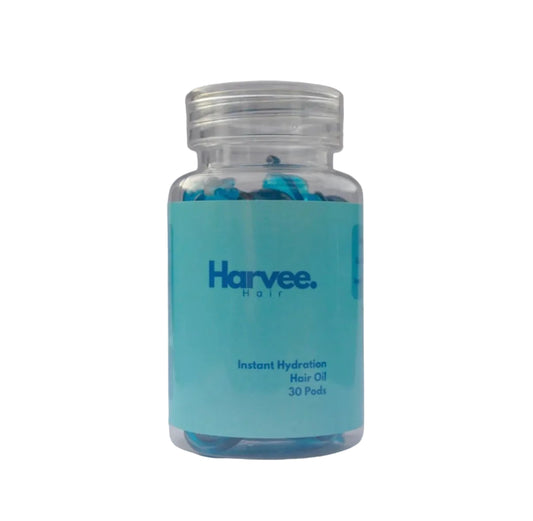 Bottle of Harvee hair oil with a blue label on a white background