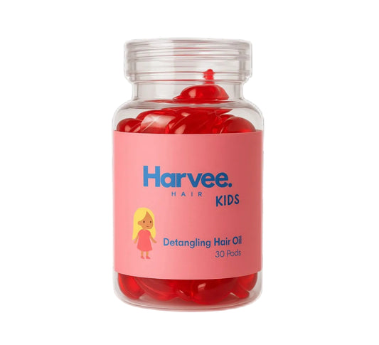 Jar of Harvee Kids detangling hair oil capsules on a white background