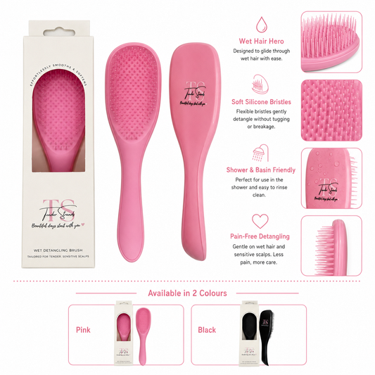 Pink Tender Strands Wet Detangling Brush  note that it is available in pink or black.