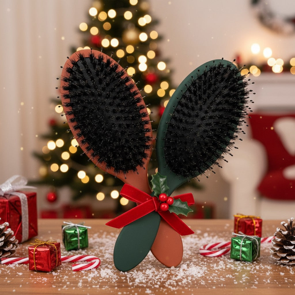 Two hairbrushes with a decorative bow on a festive background with Christmas tree and presents.