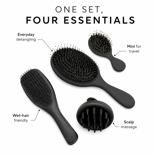 🎁 What's included:
✔️ 1 x Tender Strands Detangle Brush (Black)
✔️ 1 x Tender Strands Mini Detangle Brush (Black)
✔️ 1 x Tender Strands Wet Detangling Brush (Black)
✔️ 1 x Tender Strands Scalp Massager (Black)
✔️ 1 x FREE Brush Cleaner