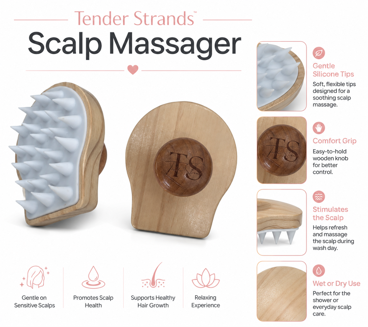 ✔ Gentle, Flexible Bristles – Soft silicone tips massage without scratching
✔ Boosts Circulation – Encourages a healthier scalp environment and hair growth
✔ Relieves Tension – Perfect for unwinding after a long day
✔ Enhances Product Absorption – Helps evenly distribute shampoo, conditioner, or scalp oils
✔ Eco-Friendly Design – Made with silicone + bamboo for a natural, sustainable finish
✔ Safe for All Hair Types – Works beautifully on straight, wavy, curly, thick, or fine hair