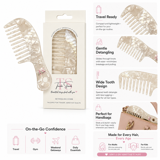 A hair detangling comb set shown on a clean white background with product packaging, feature callouts, and usage benefits. 