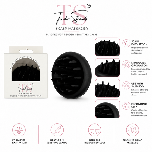 Tender Strings Scalp Massager shown with its retail box, product close-up, and feature callouts on a white background. The black oval-shaped scalp massager is displayed alongside several inset views of the textured head and marketing text about scalp exfoliation, circulation, shampoo use, and ergonomic grip.