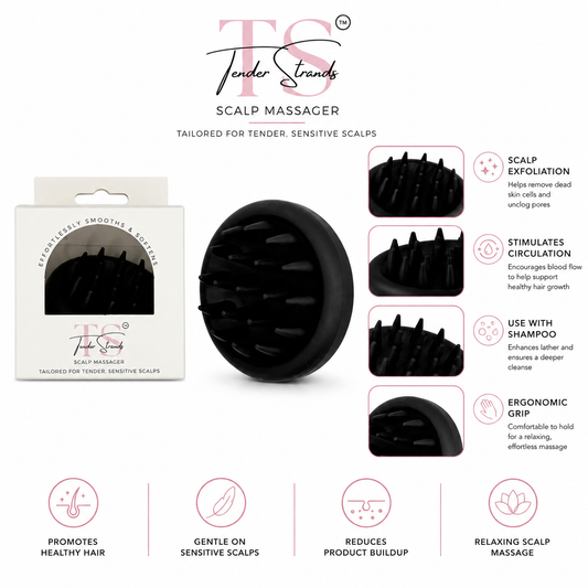 Tender Strings Scalp Massager shown with its retail box, product close-up, and feature callouts on a white background. The black oval-shaped scalp massager is displayed alongside several inset views of the textured head and marketing text about scalp exfoliation, circulation, shampoo use, and ergonomic grip.