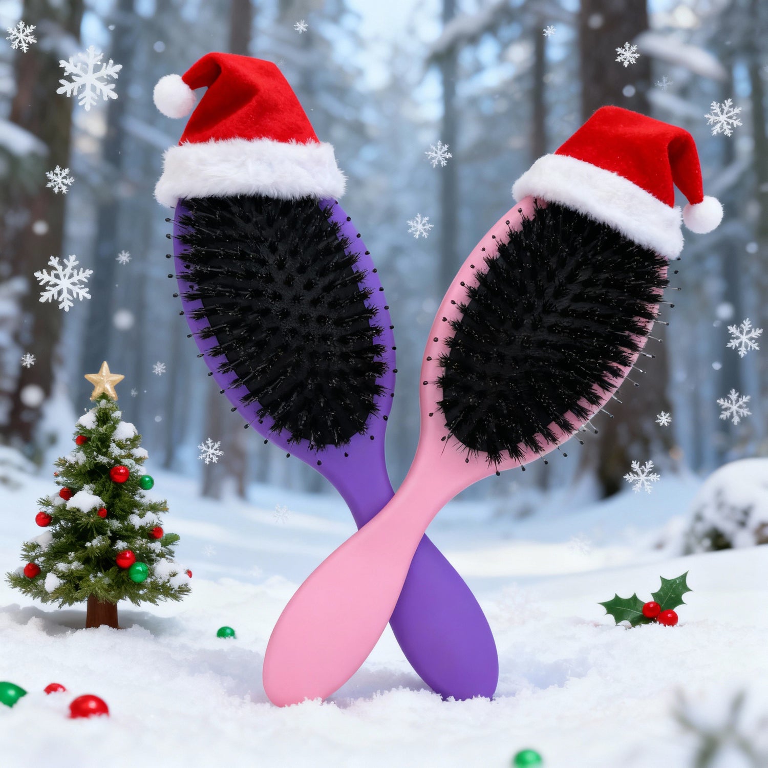 Two hairbrushes with Santa hats on a snowy background with Christmas decorations.