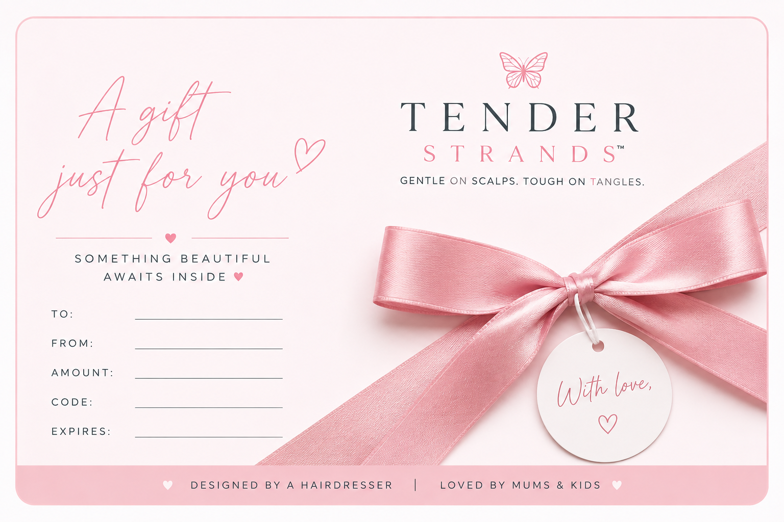 A pink gift card from Tender Strands, featuring elegant script text, a pink satin ribbon bow, and a round hanging tag that reads 'With love.'.