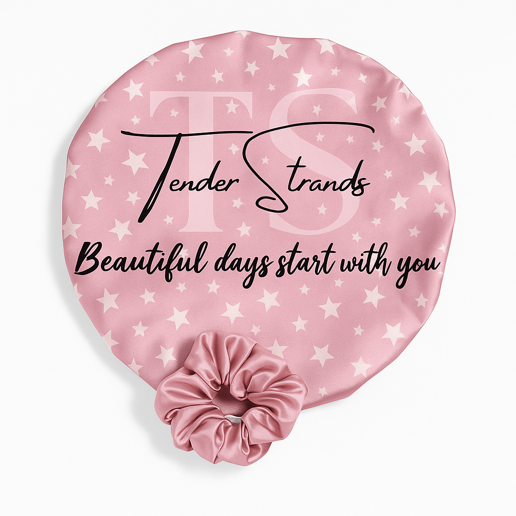 Pink satin hair scrunchie with 'Tender Strands' branding and text on a matching pink cover with star pattern.
