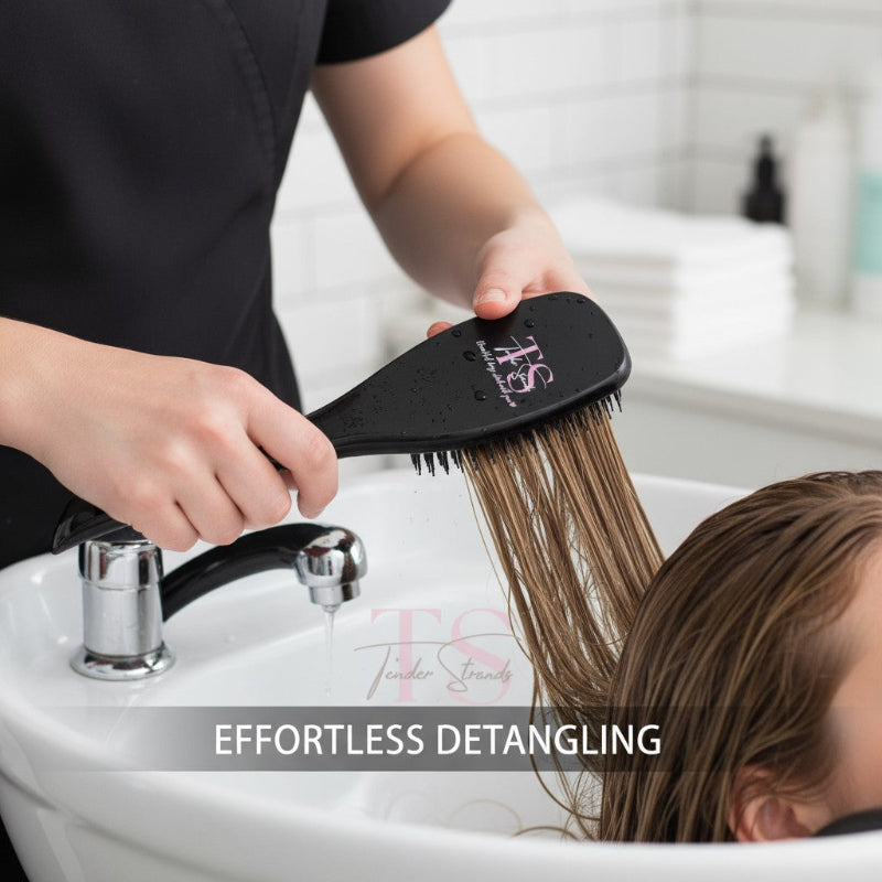Person using a hairbrush to detangle a child's hair in a sink with 'Tressa' branding.